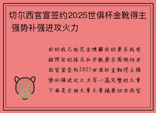 切尔西官宣签约2025世俱杯金靴得主 强势补强进攻火力